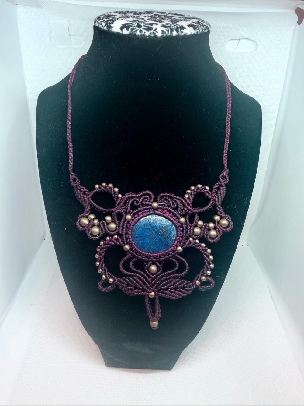 Handmade Lapislázuli Macrame Statement Necklace in Burgundy